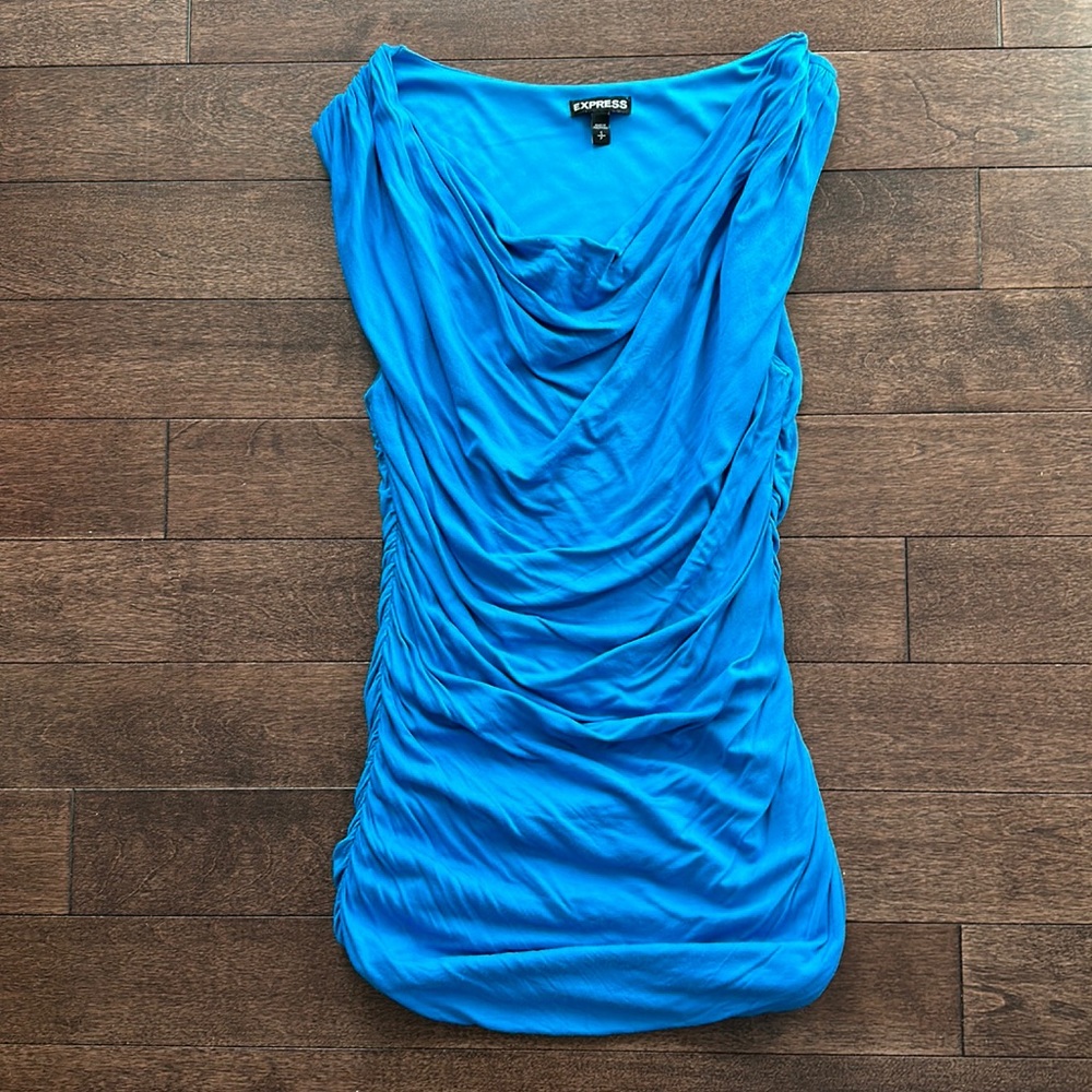 Express Drape Neck Ruched Top Tank Cap Sleeve Blue Small